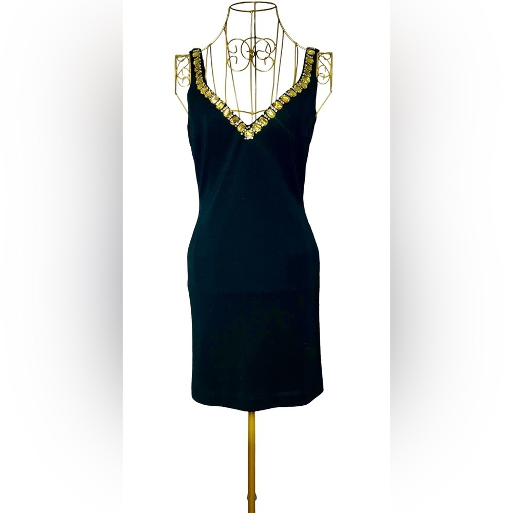 Basix Black Label Sexy Cocktail V-Neck Mini Dress w/Gold & Silver Rhinestones, 0 - Picture 3 of 16